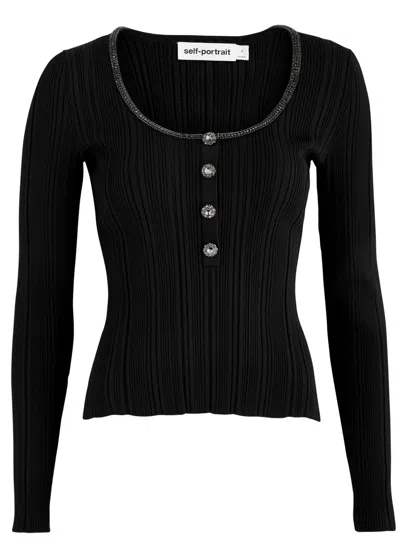 Self-portrait Crystal-embellished Ribbed-knit Top In Black
