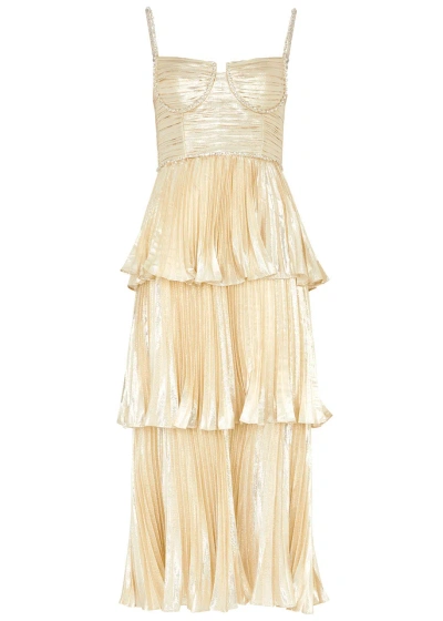 Self-portrait Crystal-embellished Tiered Lamé Midi Dress In Gold