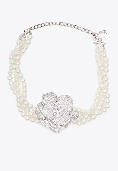 Self-portrait Crystal Flower Pearl Choker In Silver