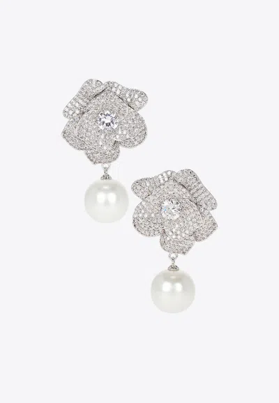 Self-portrait Crystal Flower Pearl Earrings In Silver