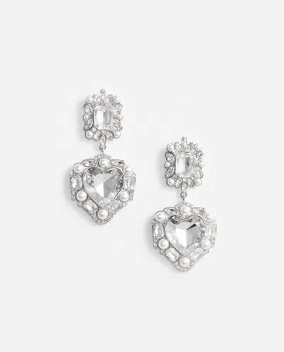 Self-portrait Crystal Pearl Tiered Heart Earrings In Silver