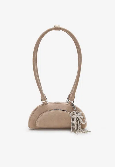 Self-portrait Crystal Ribbon Charms Suede Shoulder Bag In Brown