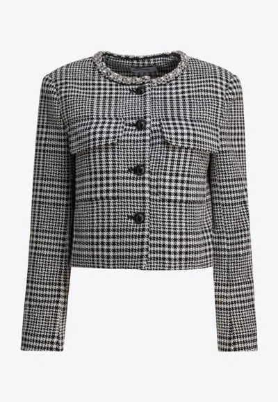 Self-portrait Cropped Houndstooth Jacket With Flap Chest Pockets In Black