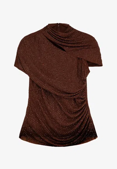 Self-portrait Gathered Cutout Crystal-embellished Mesh Top In Brown