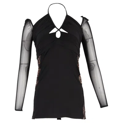 Self-portrait Cutout Lace-trimmed Chiffon Halterneck Mini Dress In Black Polyester