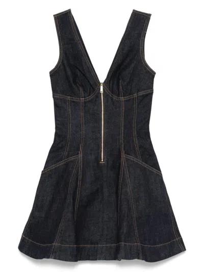 SELF-PORTRAIT DARK DENIM MINI DRESS WITH DEEP V-NECKLINE
