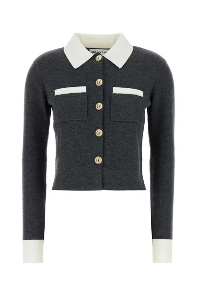 Self-portrait Dark Grey Stretch Wool Blend Cardigan In Gray