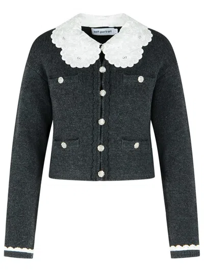 Self-portrait Dark Grey Wool Blend Crop Cardigan In Gray
