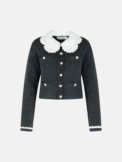 Self-portrait Dark Grey Wool Blend Crop Cardigan In Gray