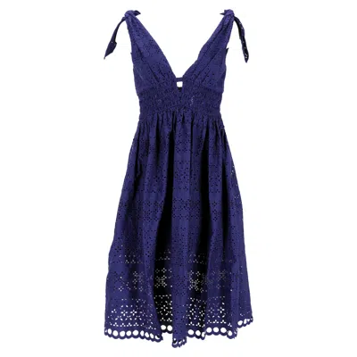Self-portrait Deep V-neck Broderie-anglaise Dress In Navy Blue Cotton