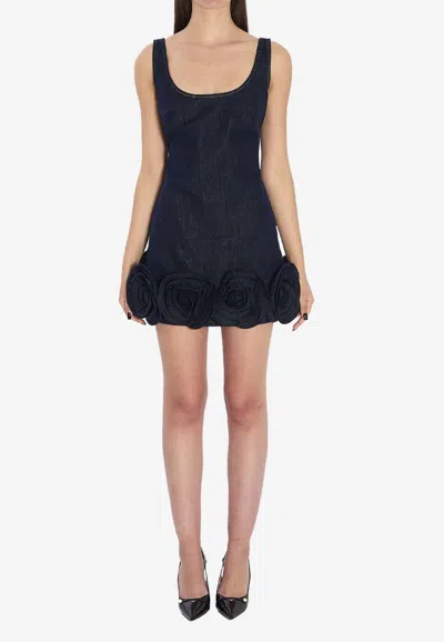 Self-portrait Short Blue Dress With Floral Applique Self Portrait In Black