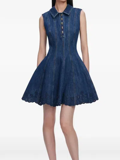 Self-portrait Paneled Broderie Anglaise Denim Mini Dress In Blue