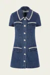 Self-portrait Blue Mini Dress With Rhinestoned Collar And Jewel Buttons With Crystals In Denim Woman