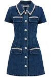 Self-portrait Blue Mini Dress With Rhinestoned Collar And Jewel Buttons With Crystals In Denim Woman In Bl Blue