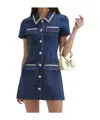 Self-portrait Blue Mini Dress With Rhinestoned Collar And Jewel Buttons With Crystals In Denim Woman In Blue