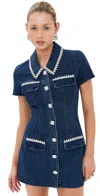 Self-portrait Blue Mini Dress With Rhinestoned Collar And Jewel Buttons With Crystals In Denim Woman In Blue