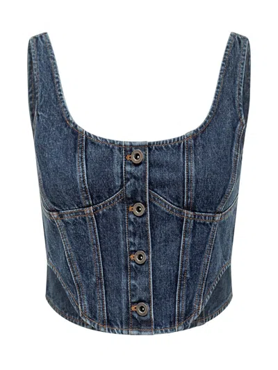Self-portrait Denim Corset Top In Animal Print