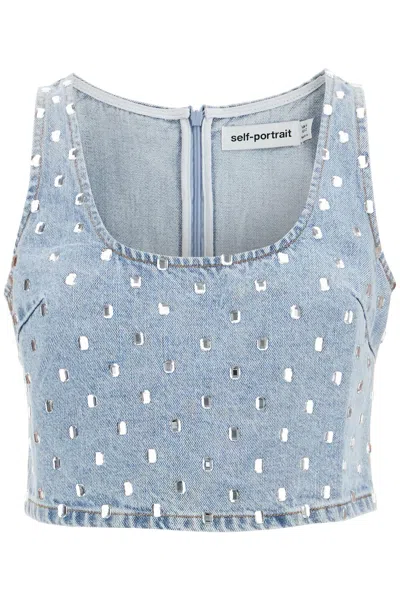 Self-portrait Denim Crop Top For Stylish In Blue