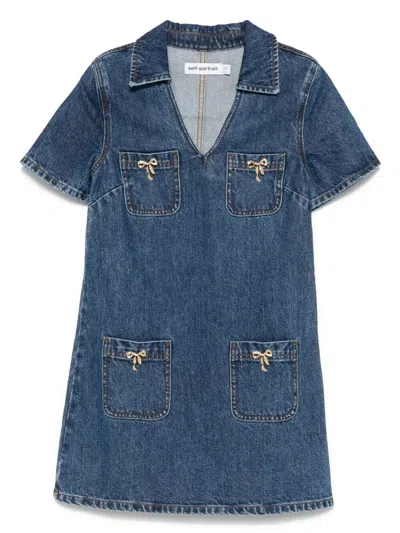 SELF-PORTRAIT DENIM CRYSTAL BOW MINI DRESS