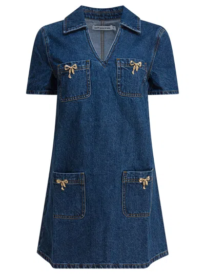 Self-portrait Denim Crystal Bow Mini Dress In Blue