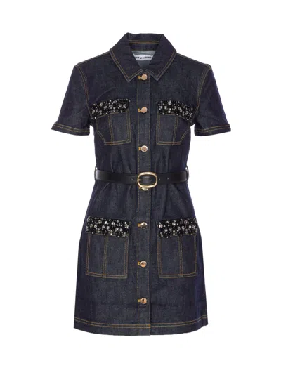 Self-portrait Indigo Denim Crystal Trim Mini Dress In Black