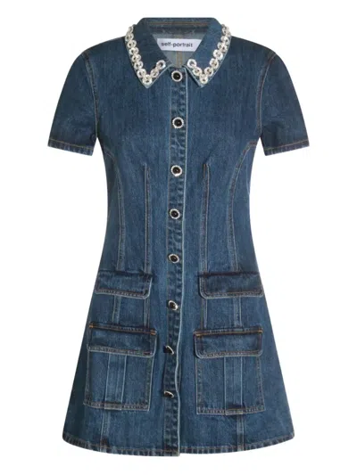 Self-portrait Denim Crystal Trim Collared Mini Dress In Blue