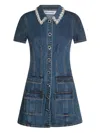 Self-portrait Denim Crystal Trim Collared Mini Dress In Blue