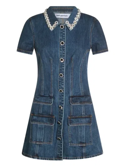 SELF-PORTRAIT SELF-PORTRAIT DENIM CRYSTAL TRIM COLLARED MINI DRESS