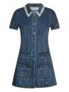 Self-portrait Denim Crystal Trim Collared Mini Dress Clothing In Blue