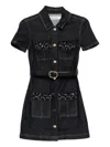 Self-portrait Womens Blue Crystal Short-sleeves Stretch-denim Blend Mini Dress In Black