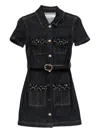 Self-portrait Womens Blue Crystal Short-sleeves Stretch-denim Blend Mini Dress In Black