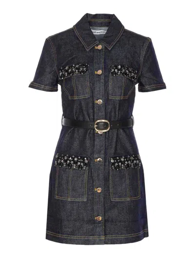 Self-portrait Indigo Denim Crystal Trim Mini Dress In Multi