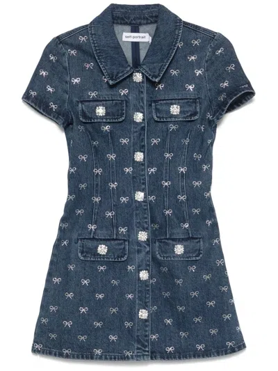 Self-portrait Denim Diamante Bow Mini Dress By