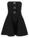 Self-portrait Strapless Black Cotton Denim Mini Dress With Jewel Button Detail In Black