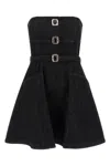 Self-portrait Strapless Black Cotton Denim Mini Dress With Jewel Button Detail In Black