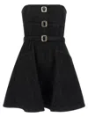 Self-portrait Strapless Black Cotton Denim Mini Dress With Jewel Button Detail In Black