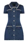 Self-portrait Blue Mini Dress With Rhinestoned Collar And Jewel Buttons With Crystals In Denim Woman