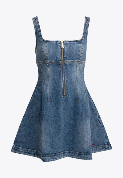 Self-portrait Denim Flared Dress In Blue