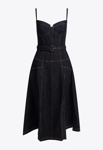 Self-portrait Denim Flared Midi Dress In Black