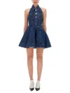 Self-portrait Blue Cotton Denim Flared Mini Dress In Blue