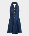 Self-portrait Blue Cotton Denim Flared Mini Dress In Blue