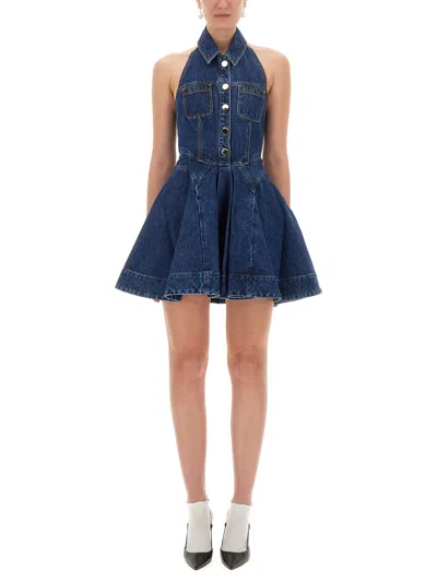 Self-portrait Denim Flared Mini Dress In Blue