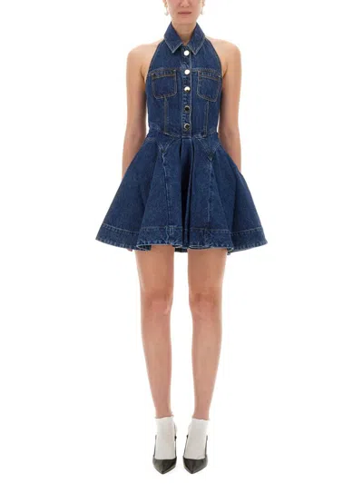 Self-portrait Denim Flared Mini Dress In Blue
