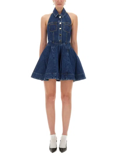 Self-portrait Denim Halterneck Mini Dress In Blue