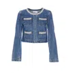Self-portrait Cropped Denim Jacket With Crystal Chain Trims In Blue