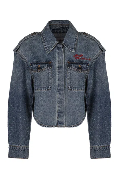 Self-portrait Denim Jacket With Rhinestones In Blue