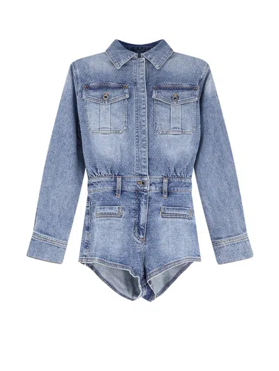 SELF-PORTRAIT DENIM JUMPSUIT WITH RHINESTONES