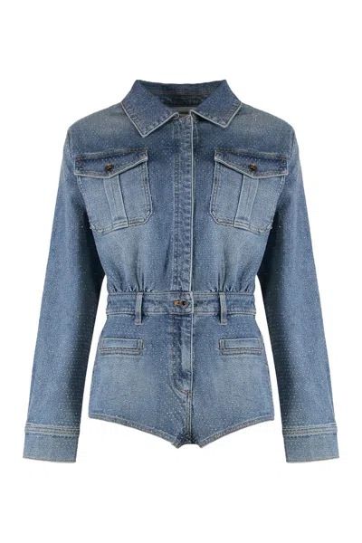 Self-portrait Denim Jumpsuit With Rhinestones In Blue