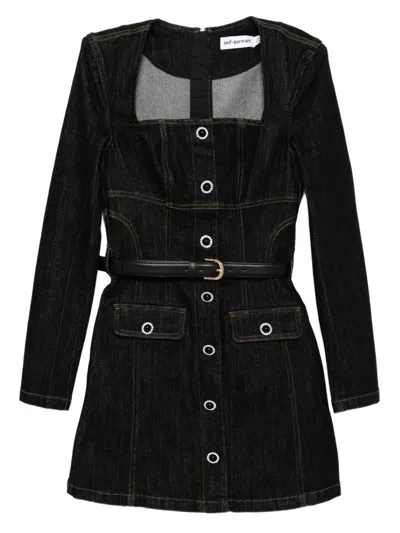 Self-portrait Denim Long-sleeves Mini Dress In Black