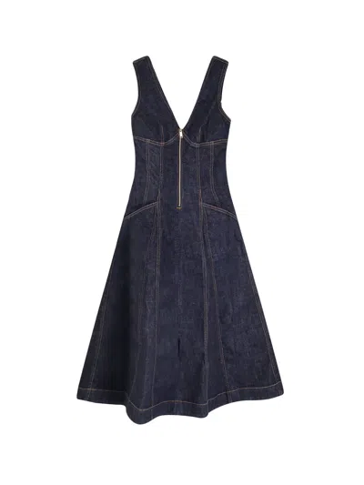 Self-portrait V-neck Denim Flared Midi Dress In Blue